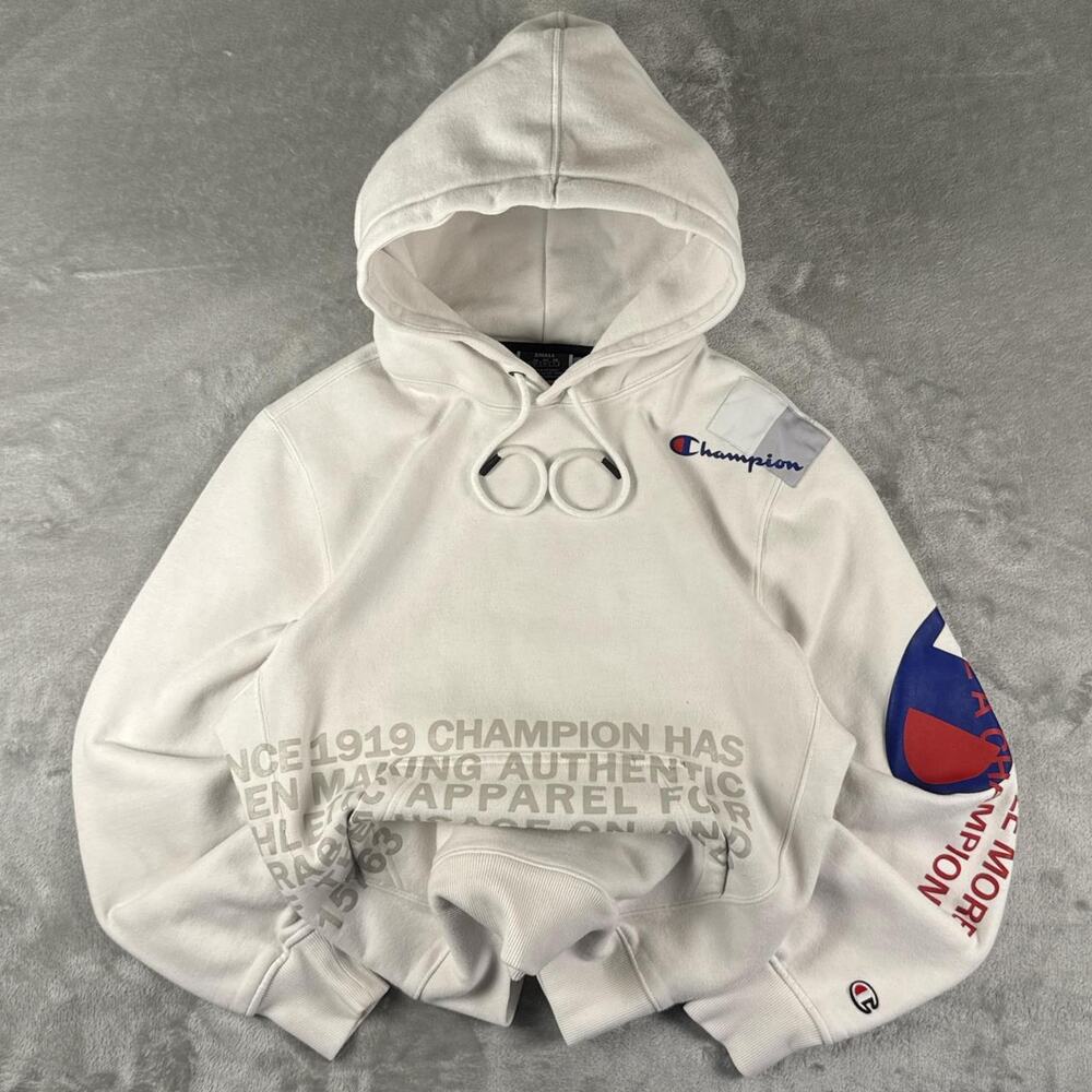 Champion White AOP Logo Lettering Pullover Hoodie Size Small